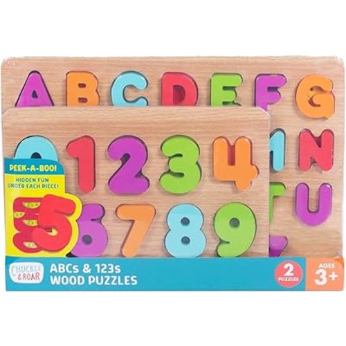 Chuckle & Roar - Wooden Puzzle ABC and 123 Theme 2 Pack - Peek a Boo Learning Puzzles for Toddlers - Hidden Pictures Under Each Piece - Educational Wooden Puzzles for Kids Ages 3+
