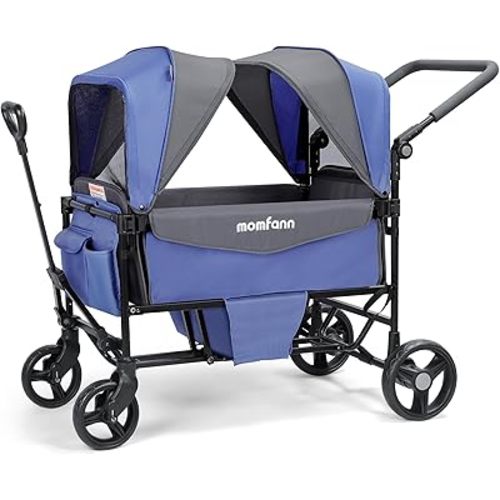 Stroller Wagon for 2 Kids with Canopy, Foldable All-Terrain Wagon Stroller with Adjustable Push/Pull Handle, Parent Organizer, 5-Point Harness, Ideal for Travel & Outdoor Adventures, Lavender Blue