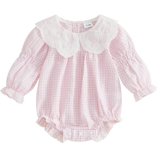 Sasaerucure Newborn Baby Girl Long Sleeve Romper Gingham Clothes Ruffle Collared Jumpsuit Top Bubble Outfit Fall Spring