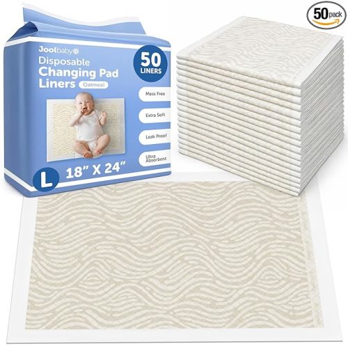 Jool Baby Disposable Changing Pad Liners, Ultra-Absorbent - 50 Count (Oat) | Waterproof Backing Protects Surfaces From Leaks – Individually Folded – Great for at Home or On the Go