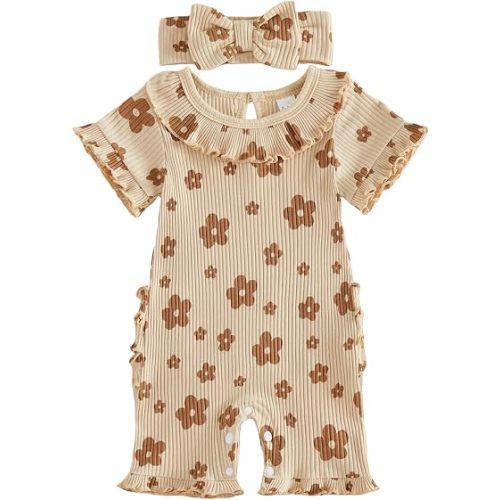 Newborn Baby Girls Summer Clothes Floral Ruffle Sleeve Jumpsuit Romper Bodysuit Shorts Coming Home Hospital Outfit