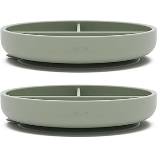 Lalo Suction Plates - 2 Pack, 100% Silicone Non-Toxic BPA-Free Baby Plates with Suction Base To Prevent Accidental Tip-Overs - Suction Plates for Toddlers With Three Divided Sections - Sage