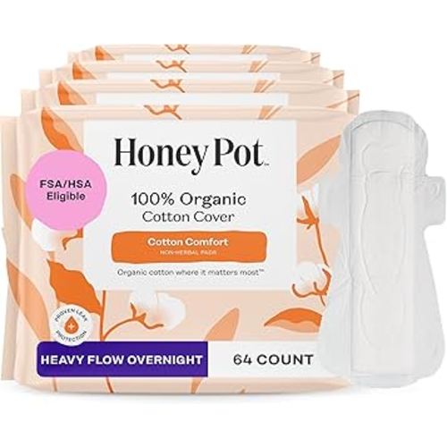 The Honey Pot Company - 64ct - Sanitary Pads for Women - Non-Herbal Heavy Overnight w/Wings - Organic Cotton Cover & Ultra-Absorbent Pulp Core - Feminine Care