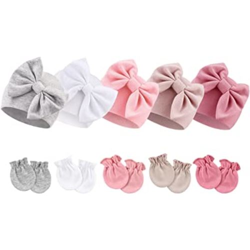 BQUBO Newborn Baby Girls Hats Mittens Set Hospital Hat Beanie Infant Bow Hats Baby Cotton Gloves for 0-6 Months