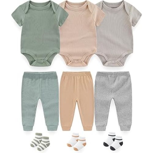 Baby Layette Gift Set 9-Piece Baby Bodysuits and Pant Socks Set Infant Boy Girl Clothes Outfits
