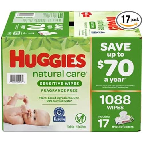 Huggies Sensitive Wipes Fragrance Free, 17 Flip-Top Packs, 64 ct, 1088 Wipes - 64 Count (Pack of 17)
