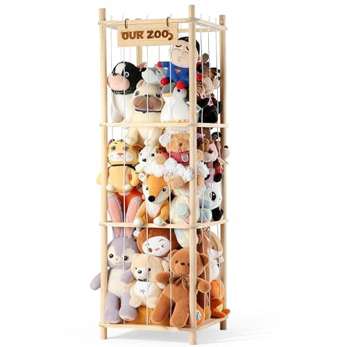 LAMU Stuffed Animal Storage, Wooden Zoo Stuffed Animal Holder with Elastic Cords, Space Save Toy Organizer, Extra Large Capacit Stuffed Animal Organizer for Playroom, Bedroom, Nursery