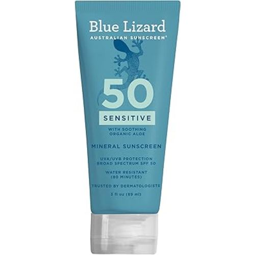 Blue Lizard SENSITIVE Mineral Sunscreen with Zinc Oxide, SPF 50+, Water Resistant, UVA/UVB Protection with Smart Cap Technology - Fragrance Free, 3 oz. Tube
