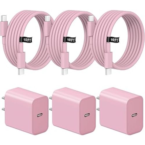 iPhone Charger Fast Charging 10FT iPhones 17 16 15 Charger 3 Pack Type C Chargers USB C Charger Compatible with iPhone Air 17/17 Plus/17 Pro/17 Pro Max/16/16 Plus/16 Pro/16 Pro Max (Pink)