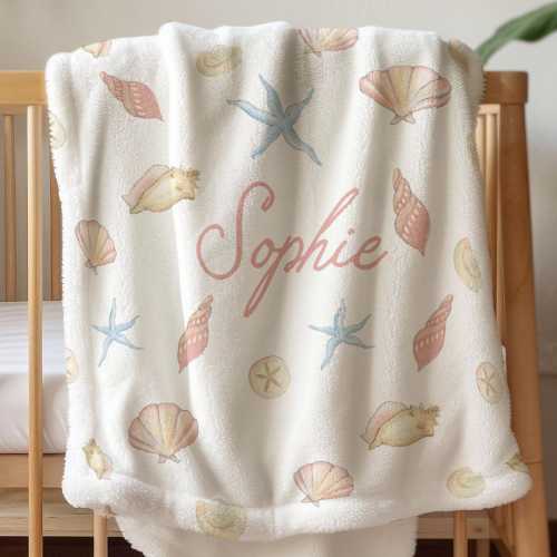 Personalized Girl Name Blanket Seashell Baby Gift Custom Name Blanket Kid Throw Blanket Girl Beach Party Gift Personalized Blanket Baby Girl