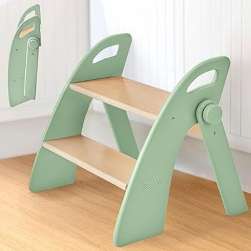 Wooden Step Stool, 300 lb. Load Capacity, with Safety Non-Slip Pads and Handles, Bamboo Step Stool for Bathroom and Kitchen, Gift for Christmas (Green)