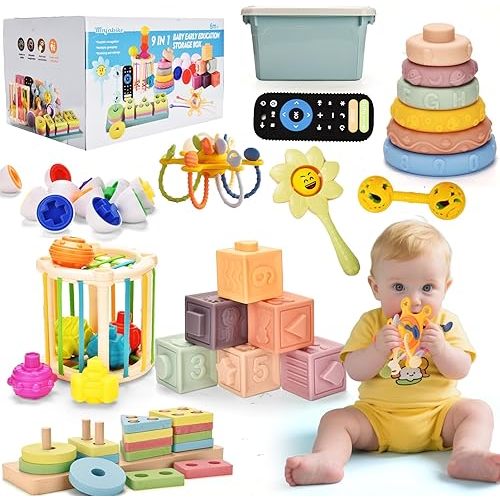 Baby Toys 6 to12 Months 7 in1 and 9 in-1 Montessori Teething Trendy Toys Sorting Sensory Educational Learning Gift for Toddlers Aged 1-3 (9in1)
