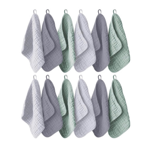 Ease Cubs 12 Pack Muslin Washcloths for Baby - 100% Cotton Baby Wash Cloths for or Baby Face Body Comfy and Soft for Newborn Infants Kids Girls and Boys - 12"x12" - Grey, Green and Slate