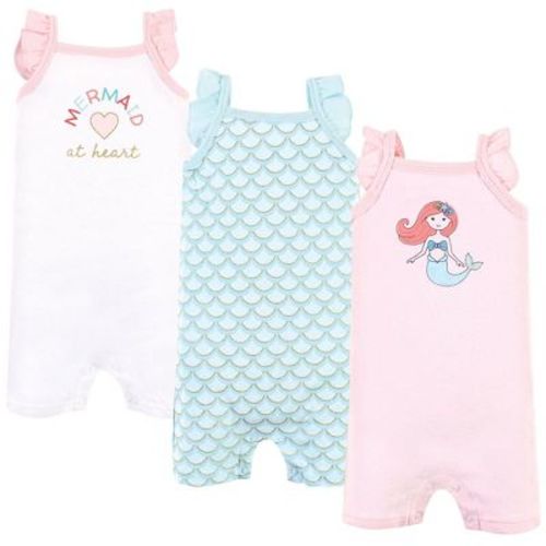 Hudson Baby Infant Girls Cotton Rompers, Coral Mint Mermaid, 0-3 Months