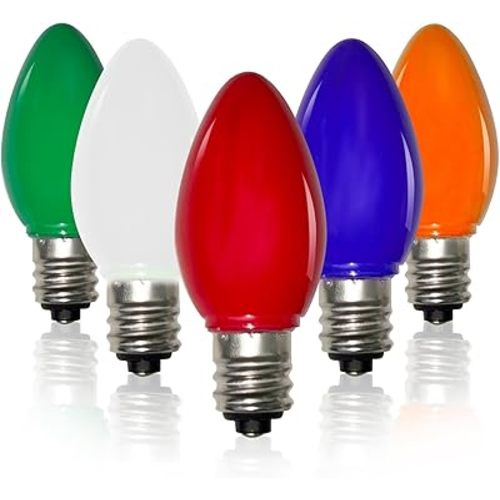 5 Pack C7 LED Christmas Light Bulbs, 0.6W Energy Saving E12 Candelabra Base Night Light Bulb, Shatterproof C7 LED Multicolor Replacement Lights Bulbs for Outdoor String Lights, Chandelier, Candles