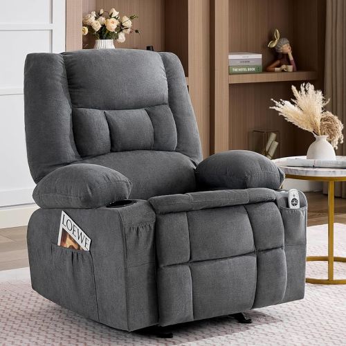 Rocker Recliner Chair with Massage and Heat, Nursery Rocking Chairs for Living Room, Ergonomic Comfy Relining Chair with Cup Holders, USB Charge Port, Side Pockets, Grey