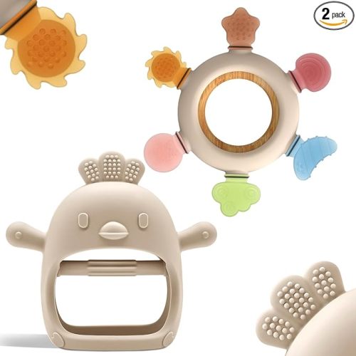 Paquete de 2 juguetes de dentición para bebés de 0 a 6 y 6 a 12 meses, guantes de dentición de silicona de grado alimenticio, sin caída y mordedor, sin BPA, de una pieza, certificados