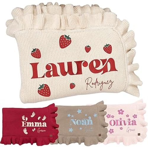 Personalized Embroidered Strawberry Baby Blanket – Boho Floral Knit Design, Soft Newborn Blanket for Baby, Custom Keepsake Gift, First Birthday Present, Cozy Nursery Throw
