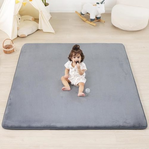 1.3" Thick Baby Floor Play Mat 50x50, Basic Padded Foam Mat for Tummy Time Crawling, Non Slip Cushioned for Babies Toddlers Infants Kids (Light Grey)
