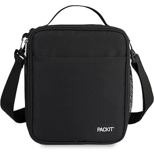 PackIt Freezable Crossbody Lunch Box, Black, Technology, Fully Freezable, Collapsible, Reusable, With Top Handle, Front Slip Pocket. Effortlessly Carry, Fresh Every Time