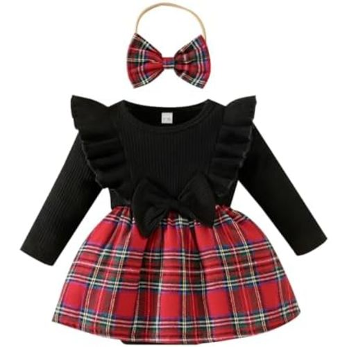 Magic Park 0-24M Baby Toddler Girls Ruffle Long Sleeve Bodysuit Ribbed Plaid Romper Dress Fall Winter Outfit with Headband