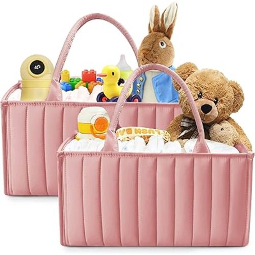 SWEET DOLPHIN 2-Pack Baby Diaper Caddy Organizers, Stylish Storage Baskets for Newborn Essentials, Diaper Station & Car Travel, Value Bundle for Baby Shower Gifts & Registry Must-Haves - Dusky Pink