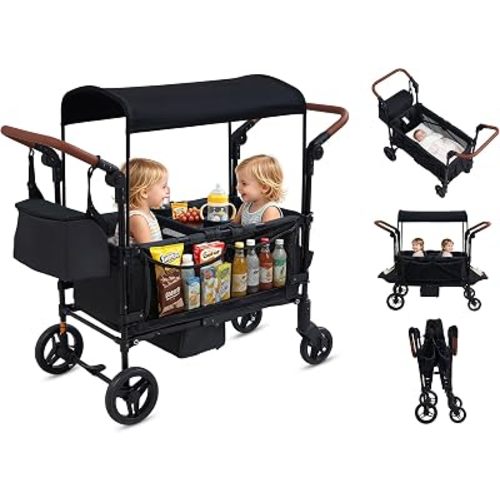 wanan Wagon Stroller for 2 Kids, Stroller Wagon for 2 Kids with Convertible Seats, Snack Tray, Large Storage Bag, Removable Canopy, Foldable Wagon Stroller 4 Seater with Adjustable Double Push Handles