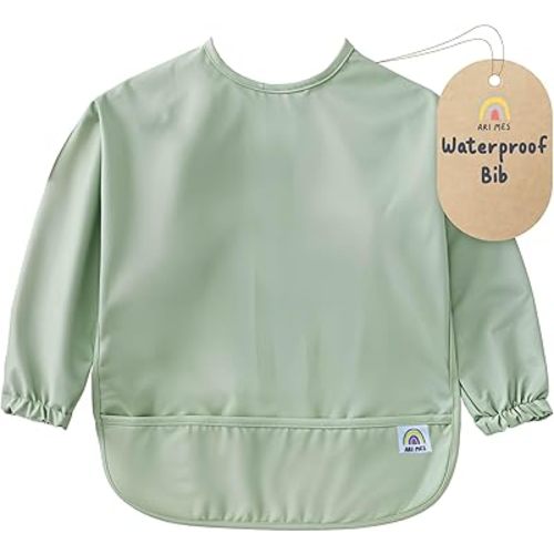 ARI MES Long Sleeves Waterproof Baby Bibs for Eating - Green, Large- Wearable, Coverall for Toddler, Long Sleeve Bib, Smock Apron for Feeding - Applicable for 6-72 Months