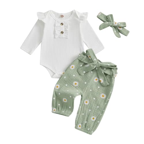 Kaipiclos Newborn Infant Girl Clothes Rib Knit Romper Ruffle Sleeve Daisy Print Pants Baby Clothes Girls 0 3 6 12 18 24 Month