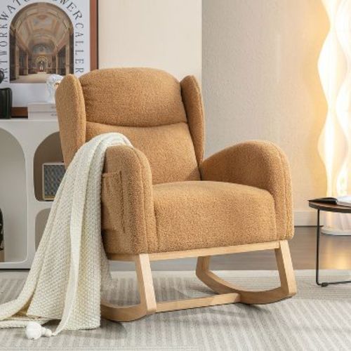 KTMBDW Nursery Rocking Chair Teddy Upholstered Rocker Rocking Accent Chair Padded Seat Armchair for Living Room Bedroom Offices