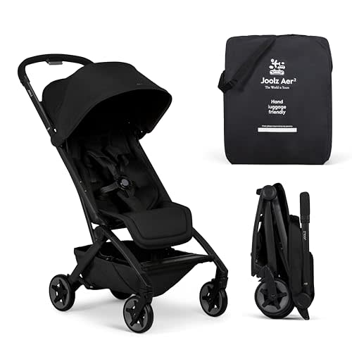 Joolz Aer2 Lightweight Travel Stroller for Baby & Toddler – One-Hand Fold, Compact Carry-On Airplane Approved, Reclining Seat, UPF 50+ Canopy, Travel Pouch, Baby Net – Space Black