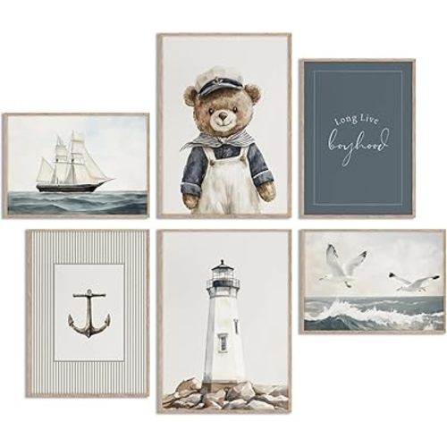 PNFBQRG 6Pcs Funny Teddy Bear Nursery Canvas Wall Art Vintage Sailor Bear Posters Print Artwork Nautical Sailboat Painting Pictures Wall Decor for Kids Room Bedroom Home Decoration 8x10In Unframed