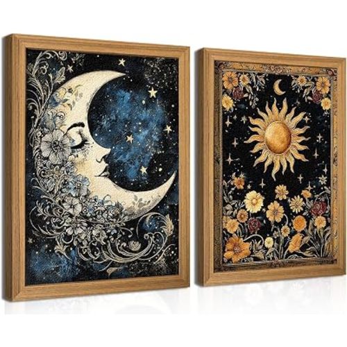 Framed Sun and Moon Wall Art Set of 2, Vintage 3D Textured Celestial Wall Decor Pictures, Gothic Mystical Tarot Floral Sandstone Paintings for Bedroom Living Room 12x16 Inch