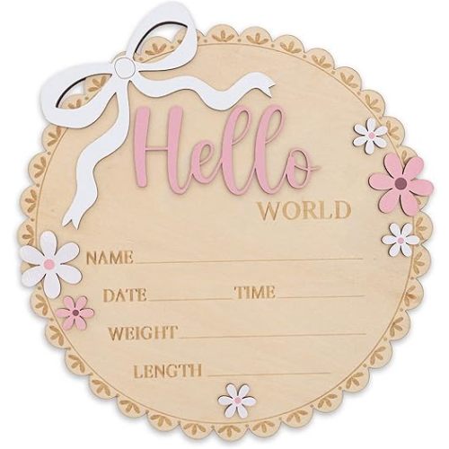 Hello World Wooden Baby Birth Announcement Sign, Pink Floral Newborn Name Date Time Weight Length Board, Baby Girl Nursery Decor Photo Prop Keepsake (Light Pink + White)