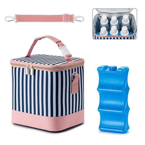 Daycare Bottle Cooler Bag with Ice Pack Fits 6 Baby Bottles Up to 9 Ounce, Baby Bottle Bag with Shoulder Strap for Nursing Mom Daycare, Straps