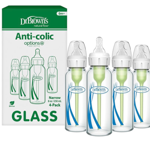 Dr. Brown's Anti-Colic Options+ Narrow Glass Baby Bottle with Level 1 Slow Flow Nipple, BPA-Free, 8 oz/250 mL, 4-Pack