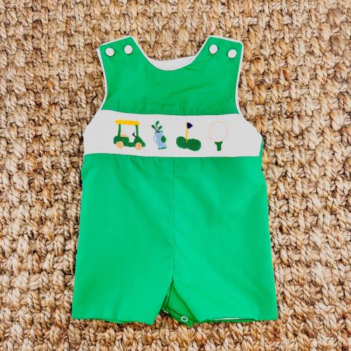 Smocked Golf Shortall - Master's Tournament Green, Vintage Style Jon Jon, Heirloom, Hand Smocked, Baby Boy 806 *A