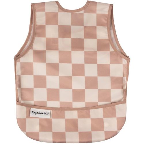 Tiny Twinkle Mess-Proof and Waterproof Baby Bib/Apron, Machine Washable and BPA-Free (Brown Checkers, Small 6-24 Months)