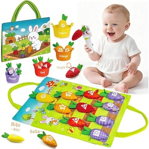 Montessori Baby Toys for 6-12-18 Months - My First Carrot Garden Baby Sensory Toys with Color Sorting, Crinkle & Rattle, Fine Motor Learning Toddler Toys for 1-2 Year Old Boy Girl Gifts Easter