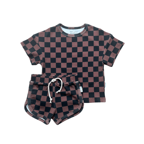 Ribbed Bamboo Track Short Set - Black x Brown Check