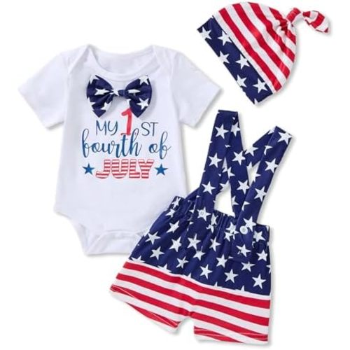 3Pcs My First 4th of July Baby Boy Patriotic Outfit Set & Hat