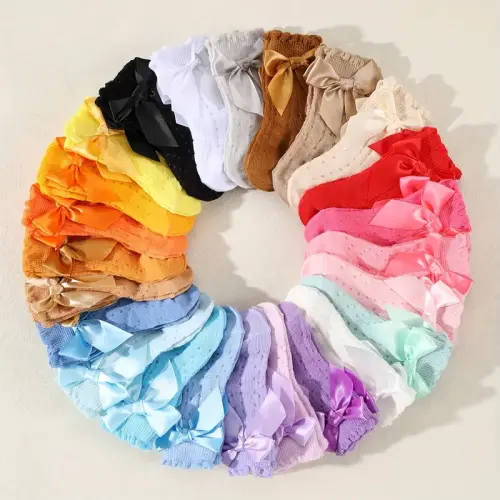 12 pairs girls solid color bow detail calf socks soft - Temu