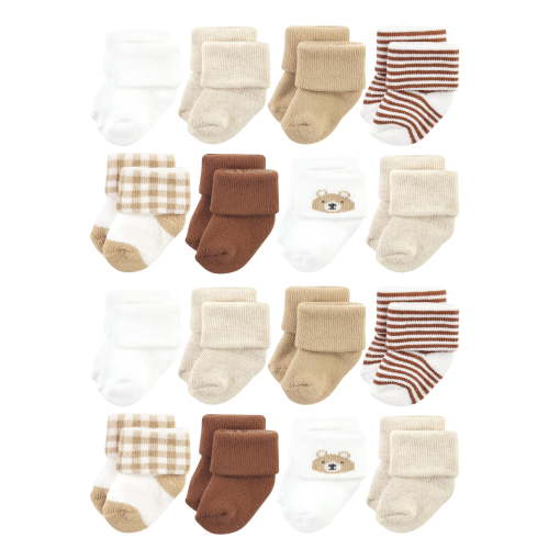 Hudson Baby Cotton Rich Baby Terry Socks 16-Pack, Teddy Bear, 6-12 Months