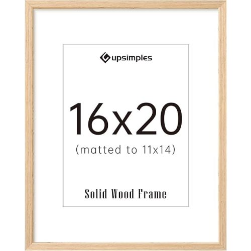 upsimples 16x20 Frames, Natural Solid Wooden Picture Frames, Display 11x14 with Mat or 16 x 20 Without, Vertical or Horizontal Wall Hanging, 1 Pack, Natural