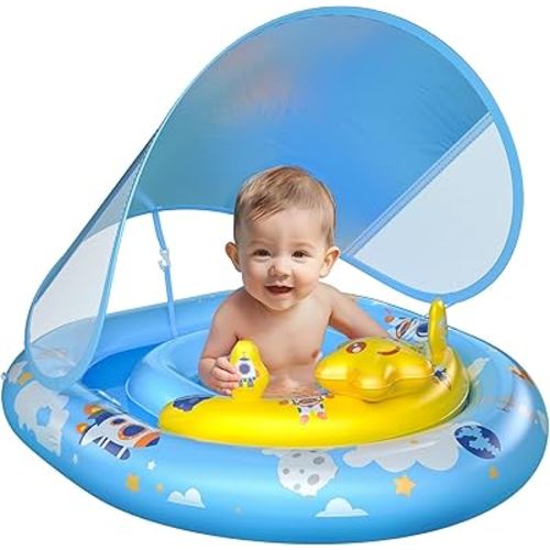 WayEee Baby Pool Float with UPF50+ Canopy - Inflatable Swim Float, Adjustable Safety Seat, Toy Play Console, Sun Protection for Baby 6-36 Months, Infant, Todder Summer Gift, Pool, Bathtub, Beach