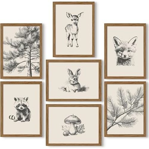 Nursery Wall Art Woodland Animal Canvas Wall Decor Baby Room Pictures Forest Animal Prints Kids Wall Art Pine Tree Poster Nature Vintage Artwork Deer Fox Painting for Bedroom 8x10x7 Inch Framed
