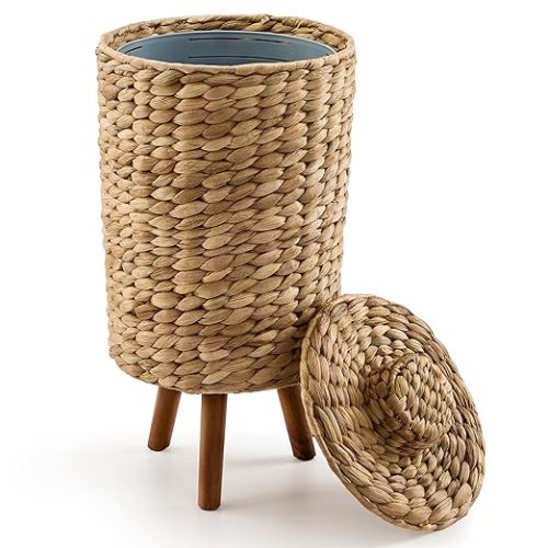 Tidita 2 Gallon Wicker Trash Can with Lid, Water Hyacinth Wicker Waste Basket for Bathroom - Decorative Bathroom Trash Can with Wooden Leg - Rattan Garbage Can with a Lid, Liner - Assembly Required
