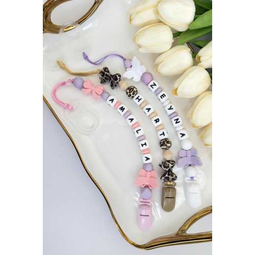 Personalized Leopard Bows Baby Pacifier Clip with MAM Adapter – Custom Name Holder for Girls