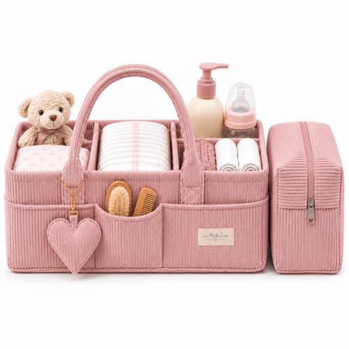 Baby Diaper Caddy Organizer with Matching Zipper Pouch, Soft Corduroy Diaper Storage Basket, Nursery Organizer with Removable Divider, Newborn Essentials, Baby Registry Must Have, Gift for Baby Shower