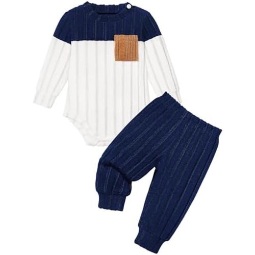 Baby Boy Clothes Color Block Ribbed Knitted Outfits Long Sleeve Romper+ Pants 2PCS Outfit 0-12 Months